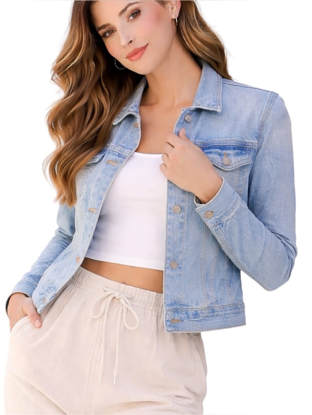 H&M Light Wash Denim Jacket Cropped Fitted Classic Everyday Staple